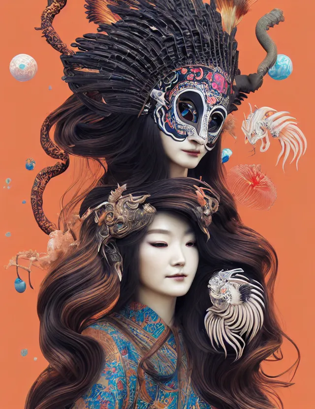 Image similar to 3 d goddess half - turn portrait with long hair with ram skull. beautiful intricately detailed japanese crow kitsune mask and clasical japanese kimono. betta fish, jellyfish phoenix, bio luminescent, plasma, ice, water, wind, creature, artwork by tooth wu and wlop and beeple and greg rutkowski