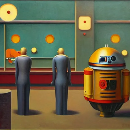 Image similar to droid factory, ( ( ( grant wood ) ) ), pj crook, ( ( ( edward hopper ) ) ), oil on canvas