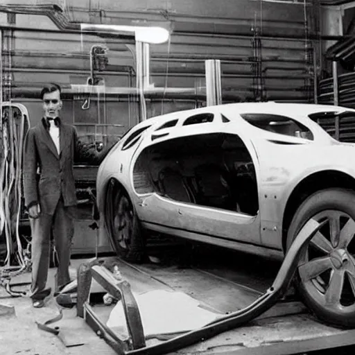 Prompt: future car being worked on by scientist nikola tesla next to elon musk photography 2 0 0 0's