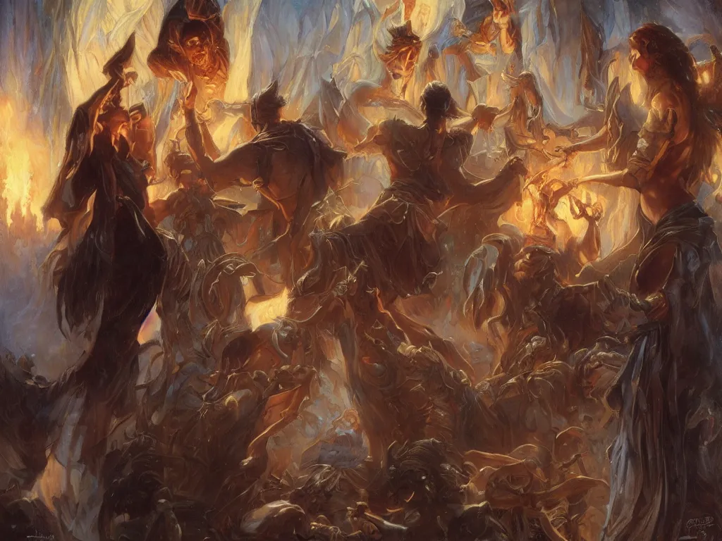 Image similar to attractive magician casts dark spell, summoning attractive lucifer morningstar. highly detailed painting by gaston bussiere, craig mullins, j. c. leyendecker 8 k