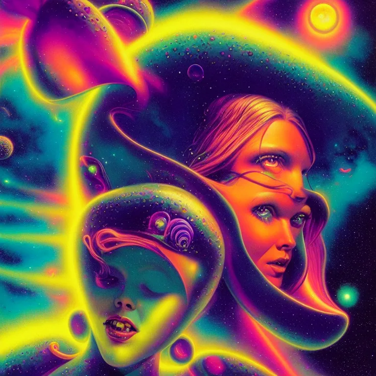 Image similar to cosmic girl, 2 0 yo, medium close - up, bright neon colors, highly detailed, cinematic, panoramic, tim white, michael whelan, roger dean, bob eggleton, philippe druillet, vladimir kush, kubrick, alfred kelsner, boris vallejo