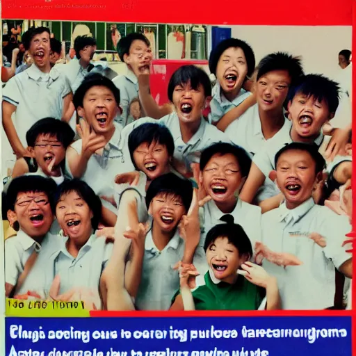 Image similar to a 1 9 9 0 s singaporean public education poster with students laughing at the camera