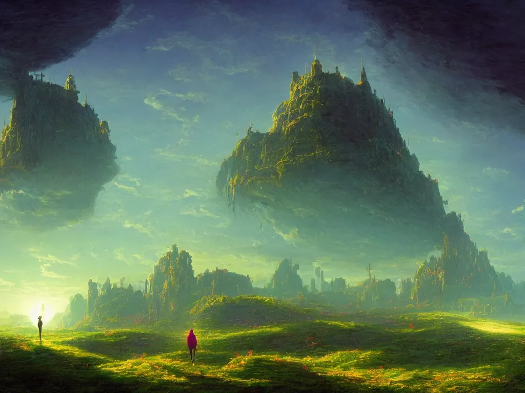 Prompt: synthwave landscape of a lone traveler walking towards a distant and lofty futuristic castle, complex, grid, wireframe, by Paul Lehr and Thomas Cole, wide angle, highly detailed, cinematic, Blue and Green color scheme