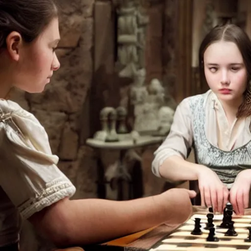 Prompt: young girl who is a master of chess gets transported to a magical real where she becomes a magical innkeeper