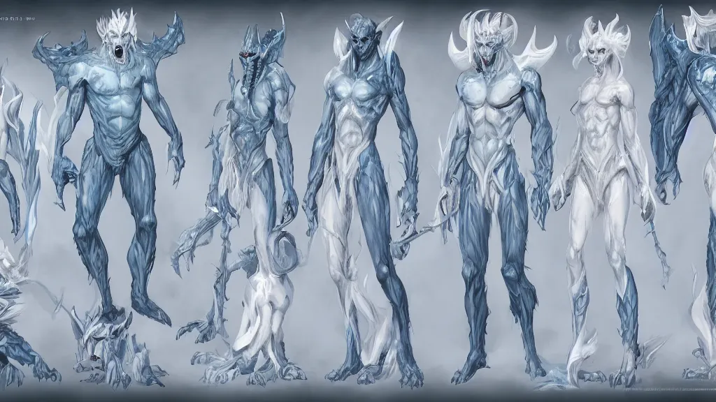 Image similar to a fantasy white and pale blue draconian demon with bright eyes character design sheet, trending on artstation