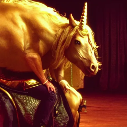 Image similar to big lebowski riding a unicorn, cinematic lighting, award winning photography