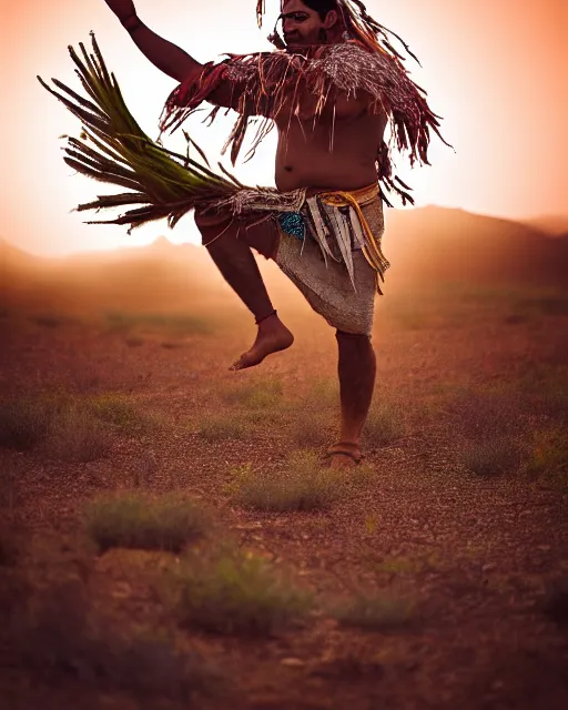 Image similar to tribal chaman dancing as vegetation and flowers grows up around him on the dry desert with cracked soil with fog, epic photography, sunset lighting , 8k