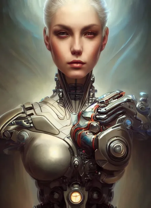 Image similar to a beautiful woman with cybernetic muscles, painted by artgerm and tom bagshaw, fantasy art, dramatic lighting, highly detailed oil painting