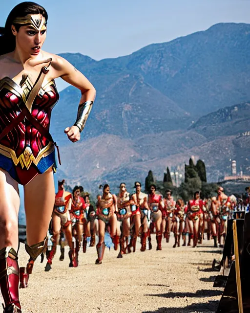 Image similar to gal gadot as wonder woman, at the 2 0 0 - meter starting line, ancient greek olympic trials, mount olympus can be seen off in the distance, sports photography in the style of neil leifer