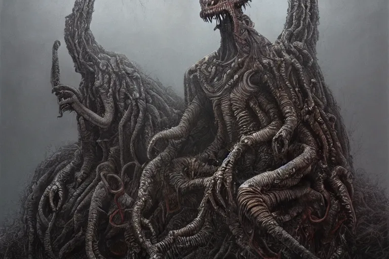 Prompt: Haunting horrifying hyperrealistic detailed painting of a demonic Lovecraftian creature sitting atop a giant pile of soulless husk humans in a foggy hellscape, dystopian feel, heavy metal, disgusting, creepy, unsettling, in the style of Michael Whelan and Zdzisław Beksiński, lovecraftian, hyper detailed, trending on Artstation