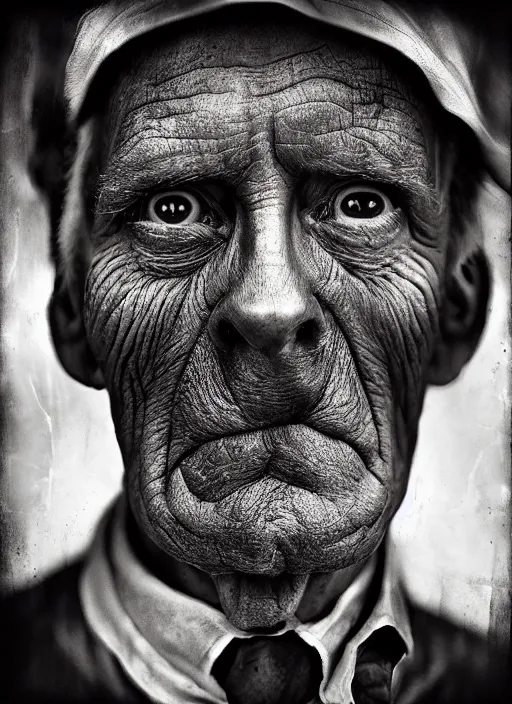 Prompt: handsome anthropomorphic mangle by lee jeffries, gelatin silver process