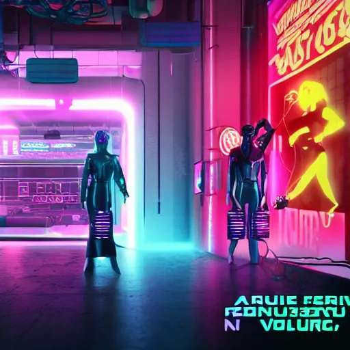 Prompt: German fembots Austin Powers, cyberpunk, retro-futurism, volumetric lighting, 8k, neon lights