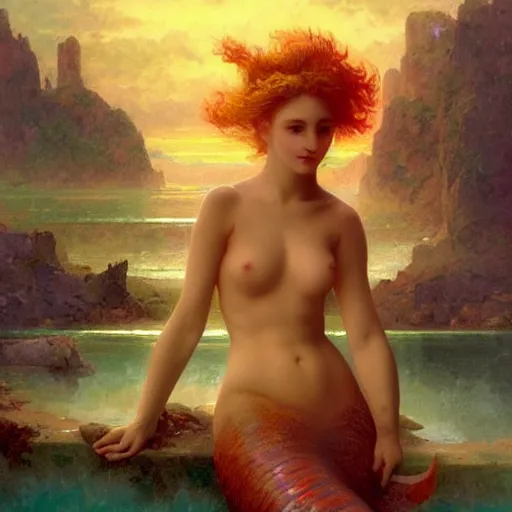 Image similar to a beautiful stunning interesting detailed fantasy whimsical matte digital portrait illustration of a mermaid with blue-green hair, yellow-orange and red-violet spectacular sunset, in the style of William Adolphe-Bouguereau and Marc Simonetti, magic the gathering, trending on artstation hq, contest winner