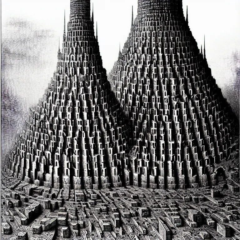 Image similar to the tower of babel. extremely high details, perfect face, black and white, masterpiece, magnum opus engraving by gustave dore, jean giraud, philippe druillet