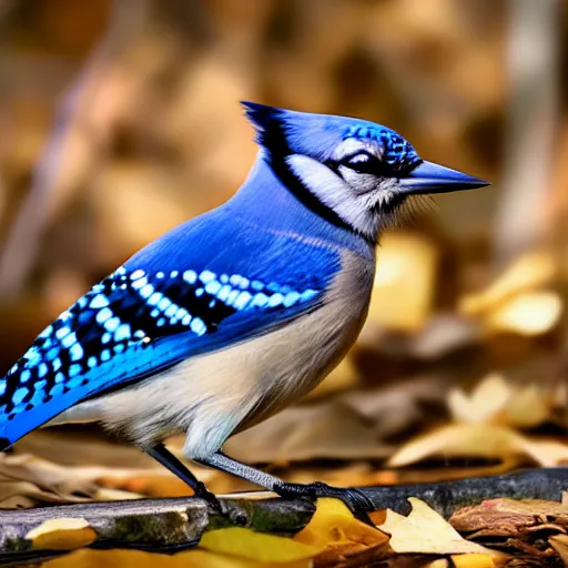 Image similar to bluejay standing next to a river in a forest in autumn