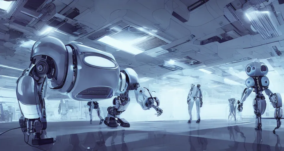 Prompt: robot 9 0 0 0 dreams of electric sheep in a futuristic white room, photorealistic, 8 k, hdr, octane render, syd mead moebius katsuhiro otomo style