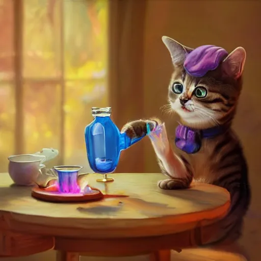 Image similar to a painting of cute cat brewing a magic potion at the table, hyper realistic, very detailed, trending on artstation