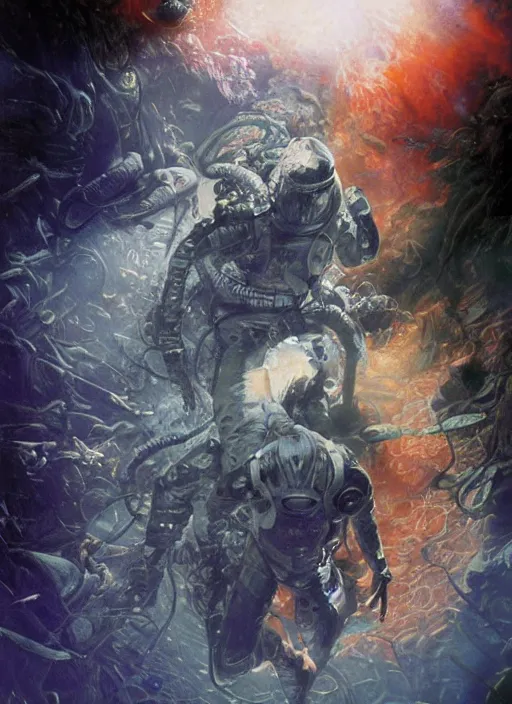 Prompt: astronauts in dark void underwater - complex and hyperdetailed suit. reflection and dispersion materials. rays and dispersion of light. glowing lights. volumetric light. f / 3 2. noise film photo. flash photography. ultra realistic, wide angle. poster by wayne barlowe, hajime sorayama aaron horkey, craig mullins