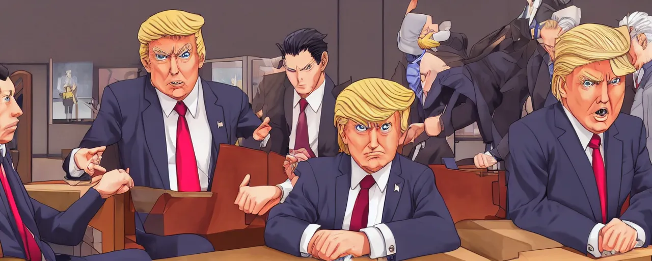 Image similar to donald trump being judged in phoenix wright, ace attorney, 4 k, high quality