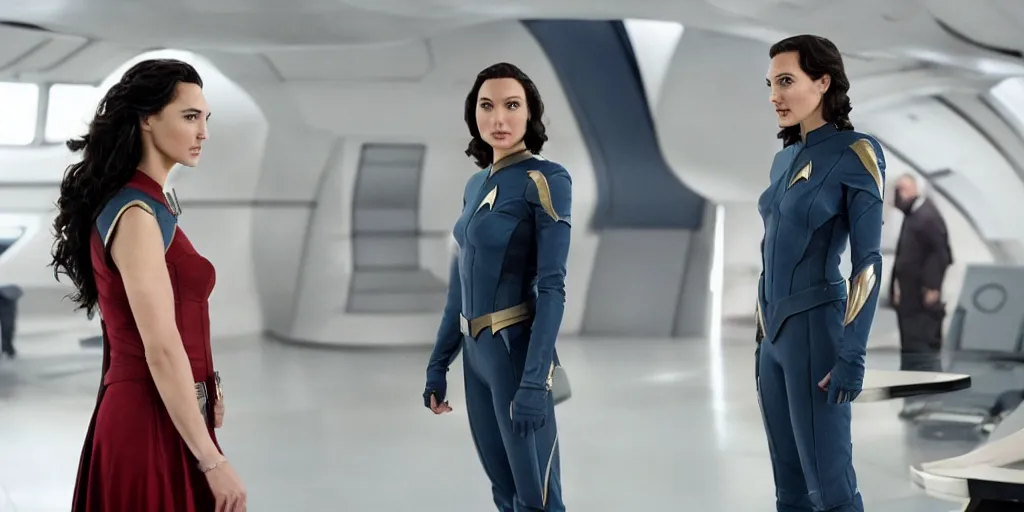 Image similar to gal gadot, in full starfleet uniform, is the captain of the starship enterprise in the new star trek movie