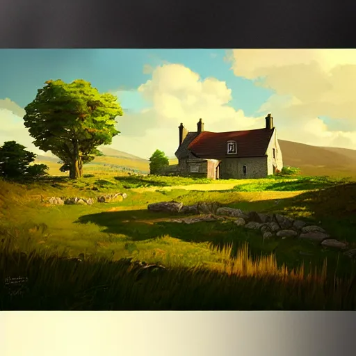 Image similar to irish homestead in the countryside amidst rolling hills, highly detailed, digital painting, concept art, sharp focus, by makoto shinkai