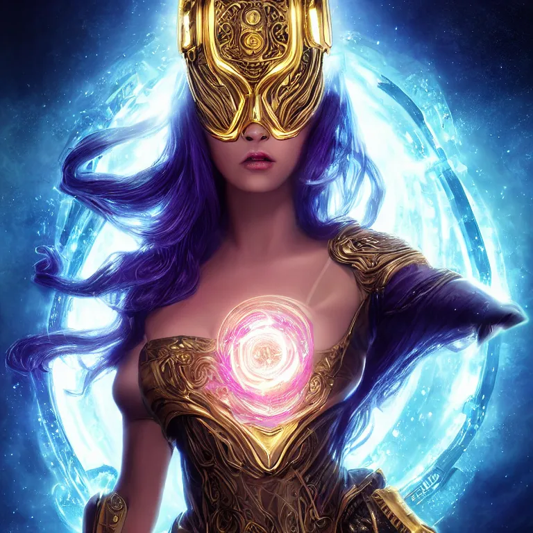 Image similar to beautiful cinematic fantasy poster, a beautiful cyberpunk goddess wearing ornate gold sci-fi goggles, flowing illuminated hair, beautiful glowing galaxy eyes, wideshot ultrawide angle epic scale, hybrid from The Elden Ring and art direction by Darius Zawadzki ;by artgerm; wayne reynolds art station; cinematic quality character render; low angle; ultra high quality model; production quality cinema model;