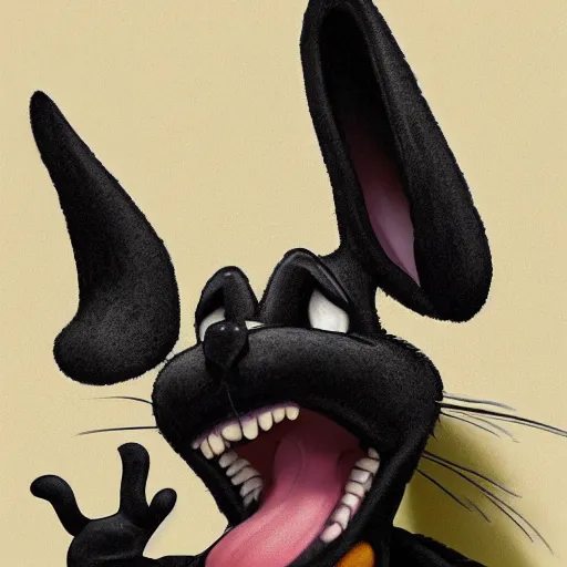 Image similar to A extremely highly detailed majestic hi-res beautiful, highly detailed head and shoulders portrait of a scary terrifying, horrifying, creepy black cartoon rabbit evil laughing standing up wearing pants and a shirt in the style of Walt Disney