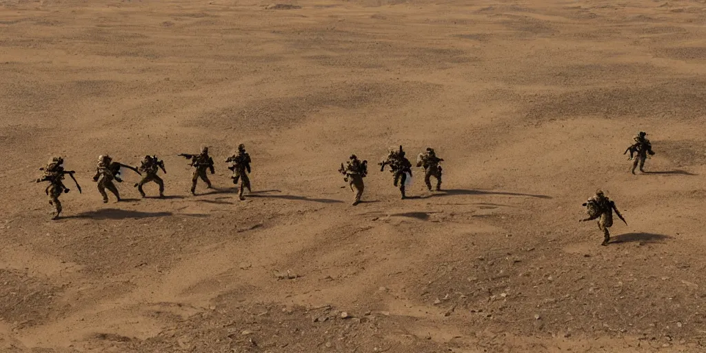 Prompt: a group of soldiers on a rescue mission like the film stargate being chased by a large spider alien on a desert world, telephoto shot, mid day, heat shimmering.