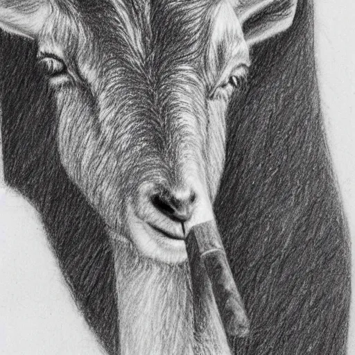 Prompt: pencil sketch drawing of a goat smoking a cigar, award - winning, detailed