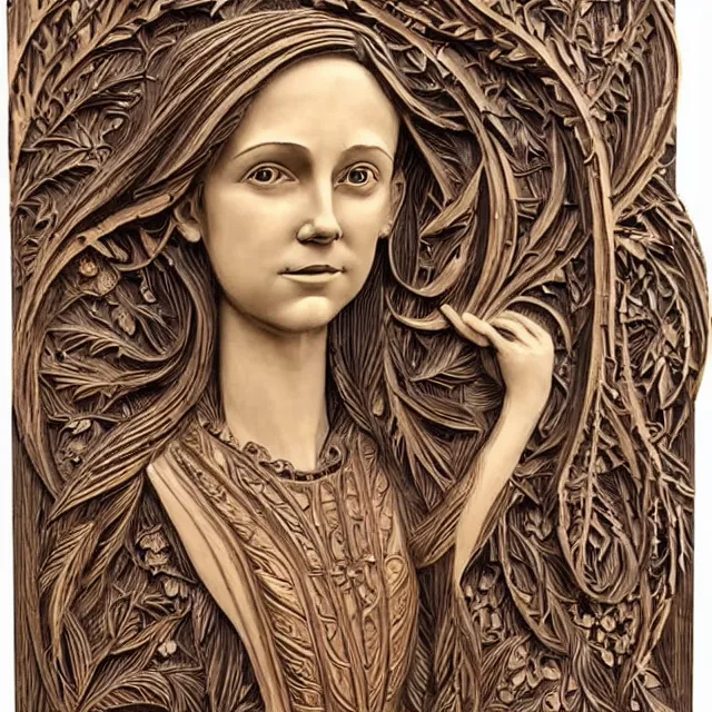 Image similar to a 3 d bas - relief wooden art nouveau carved sculpture of a young millie bobby brown or alicia vikander with long hair blowing in the wind, in front of a delicate tracery pattern, intricate and highly detailed, well - lit, ornate, realistic