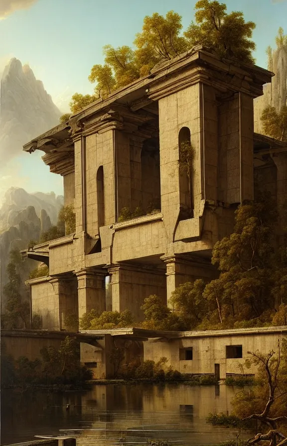 Prompt: classical landscape paintings of brutalist concrete structures, masterpiece, insanely detailed and intricate, oil paint, super detailed by eugene von guerard and asher brown durand