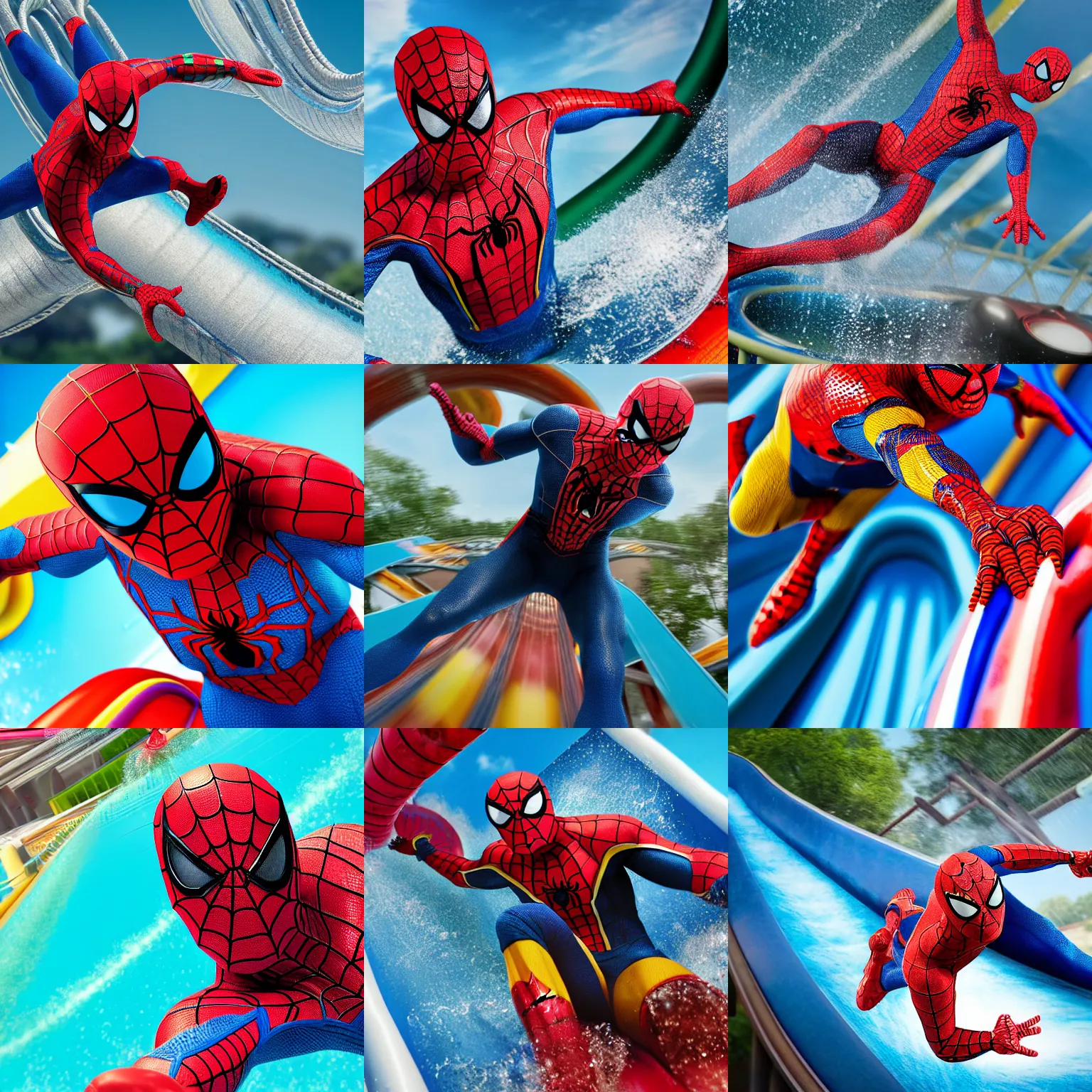 Prompt: a closeup photorealistic photograph of a colorful knitted spider man themed iron man riding down a water slide. splashing. professional capture. bright scene. this 4 k hd image is trending on artstation, featured on behance, well - rendered, extra crisp, features intricate detail, epic composition and the style of unreal engine.