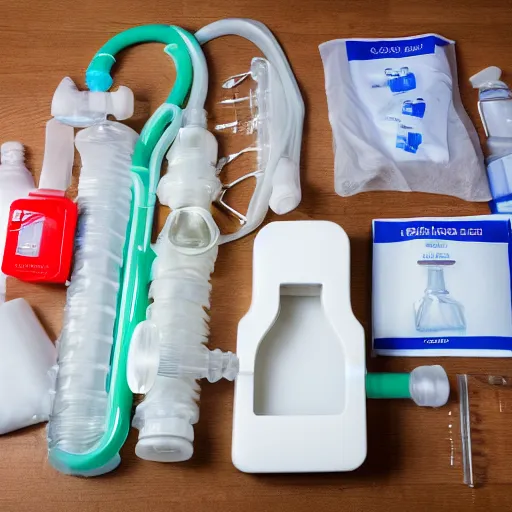 Image similar to saxophone made out of clear tubing, syringes, urine collection bag, iv pole, fluid bag, nebulizer equipment, bag - valve mask, defibrillator, coban