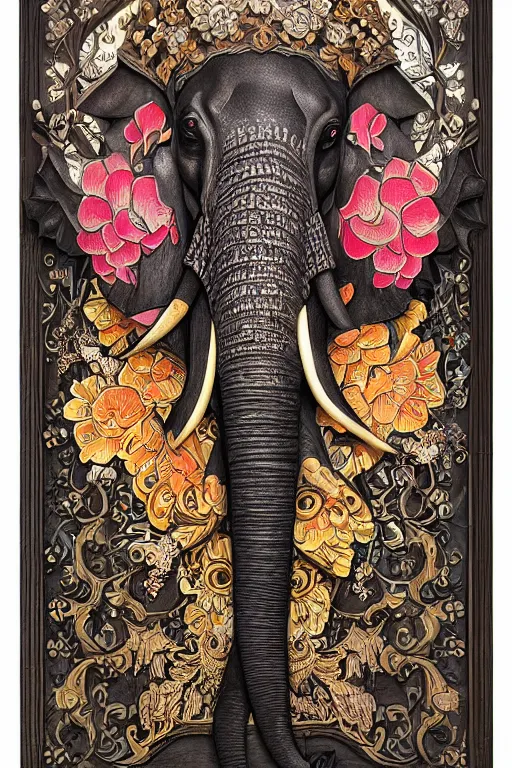 Image similar to Painted dark-wood panel relief carving of a close up of a Flowerpunk Matriarch Elephant, ornate border frame, explosion of colorful flowers, dark wood, intricately carved, black ink, festival of rich colors, intricate details, cinematic lighting, volumetric lighting, post-processing, art nouveau, by andreas rocha and john howe, and Martin Johnson Heade, featured on artstation, featured on behance, golden ratio, hyper detailed, photorealistic, epic composition, center spotlight, f32, well composed, symmetrical, UE5, 8k