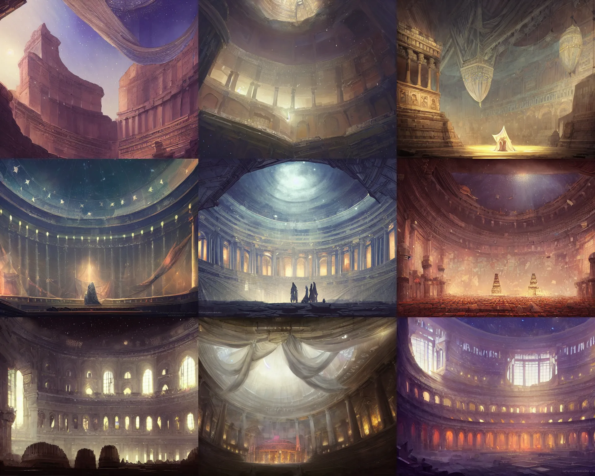 Prompt: polygonal colloseum with giant walls and glass ceilings showing the stars and hanging silk drapery and tapestries, light dust, magnificent, close up, details, sharp focus, elegant, highly detailed, illustration, by Jordan Grimmer and greg rutkowski and PiNe(パイネ) and 薯子Imoko and 香川悠作 and wlop and maya takamura, intricate, beautiful, Trending artstation, pixiv, digital Art