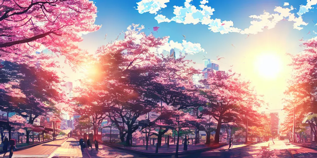 Image similar to anime style cityscape, spring season city, cherry blossoms blowing in the wind, day time, sun high in the sky, sun glare, clear weather, blue sky, tokyo japan, very few people walking, high detail and very sharp, detailed shading, artstation, wallpaper, kyoto animation productions, a silent voice