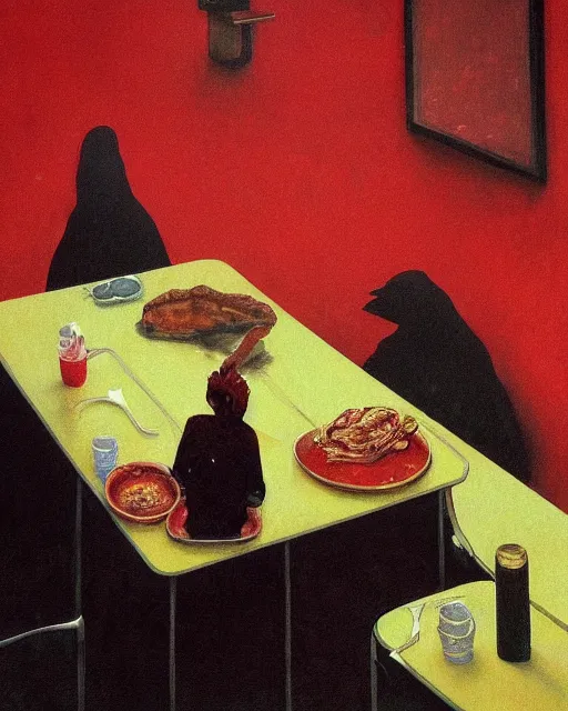 Image similar to a dark figure eating breakfast in a diner, high angle. oil on canvas. in the style of Francis Bacon and Zdzislaw Beksinski, Edward Hopper and Norman Rockwell, highly detailed, very coherent, triadic color scheme, Victo Ngai and surrealism, airbrush, very coherent, triadic color scheme, art by Takato Yamamoto and James Jean