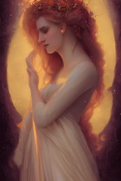 Prompt: Nocturne, glowing, stars, beautiful sly dryad, long blonde hair, highly detailed, mysterious, ethereal, autumn colored medieval gown, haute couture, illustration, dramatic lighting, soft details, painting, by Edmund Blair Leighton, Brom, Charlie Bowater, trending on artstation, faces by otto schmidt