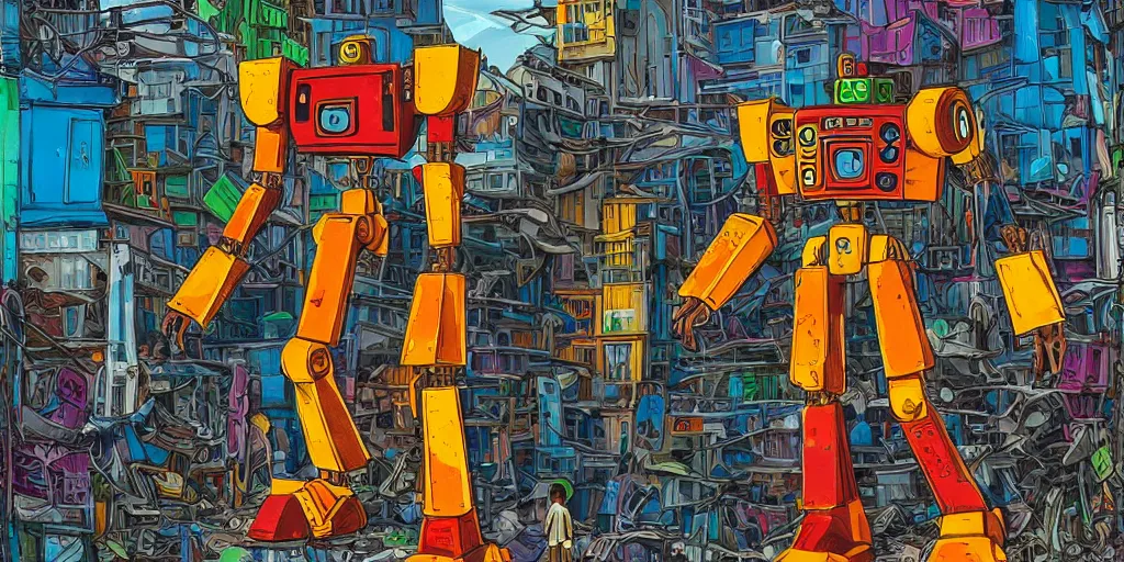 Image similar to colourful - damaged - giant mecha ROBOT of AJEGUNLE SLUMS in Lagos, markings on robot, Golden Hour, in the style of studio ghibli,