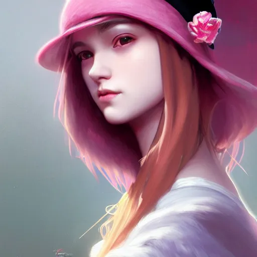 Prompt: a photorealistic dramatic fantasy render of a pink coloured haired young girl with a black wool hat on her head by wlop, artgerm, greg rutkowski, alphonse mucha, beautiful dynamic dramatic dark moody lighting, shadows, cinematic atmosphere, artstation, concept design art, octane render, 8 k