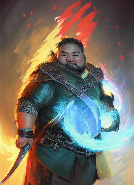 Image similar to slightly chubby asian man with medium black parted hair, dndbeyond, bright, colourful, realistic, dnd character portrait, full body, pathfinder, pinterest, art by ralph horsley, dnd, rpg, lotr game design fanart by concept art, behance hd, artstation, deviantart, hdr render in unreal engine 5