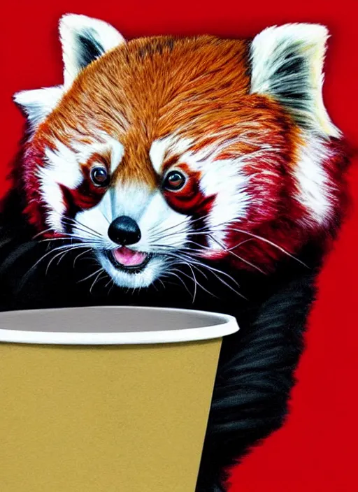 Image similar to red panda, paper cup, fantasy, woodroffe art style, highly detailed, digital painting, artstation, concept art, illustration, art by patrick james woodroffe!!!