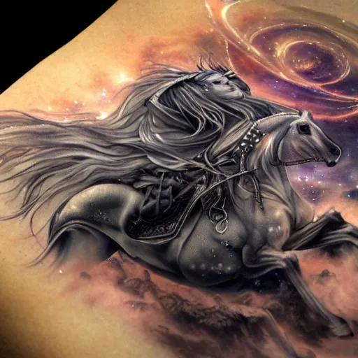 Image similar to a wlop 3 d render of very very very very highly detailed beautiful mystic portrait of a phantom undead horse with whirling galaxy around, tattoos by anton pieck, intricate, extremely detailed, digital painting, artstation, concept art, smooth, sharp focus, illustration, intimidating lighting, incredible art,