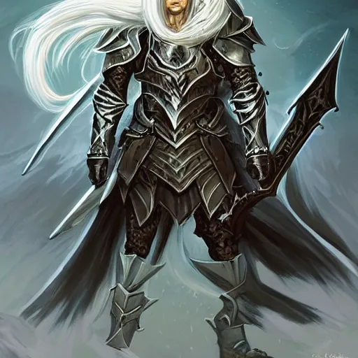 Image similar to albino knight with long white hair and black armor, sword and sorcery, dungeons and dragons, book cover, in the style of peter mohrbacher and nick brummer