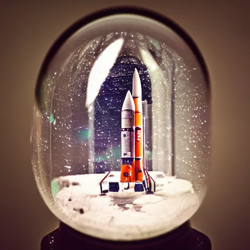 Image similar to a space rocket inside a snow globe, 3 5 mm, disposable film, lens blur, 8 k, realistic, dramatic backlighting