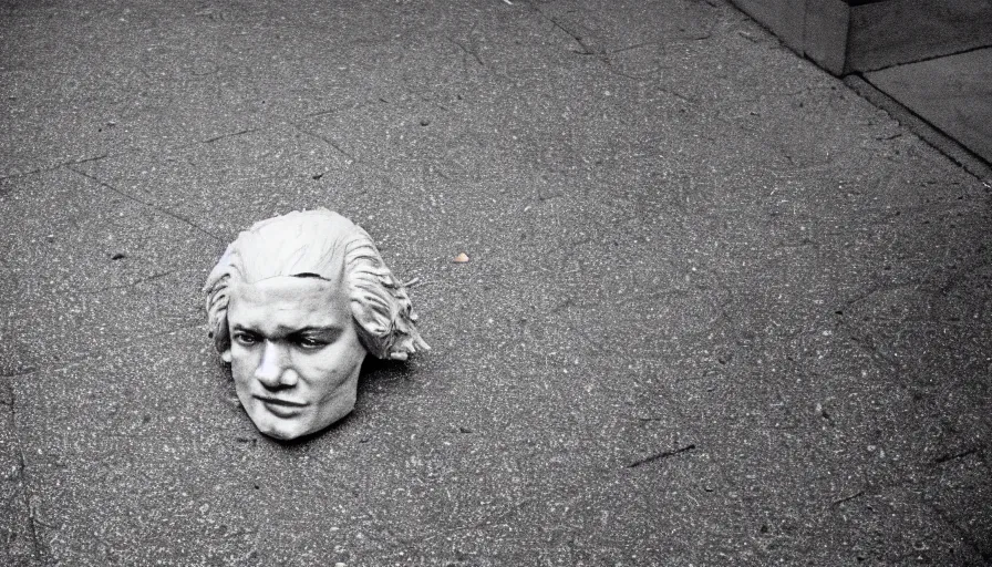 Image similar to 1 9 7 0 s movie still of the cutted head of robespierre on the pavement, cinestill 8 0 0 t 3 5 mm, high quality, heavy grain, high detail, cinematic composition, dramatic light, anamorphic, ultra wide lens, hyperrealistic