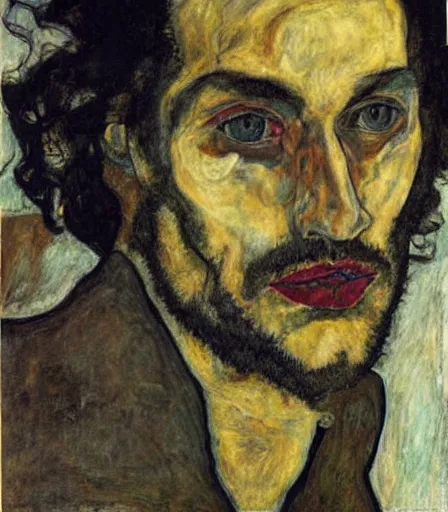 Image similar to portrait of vincent gallo by egon schiele, intense desire, high quality, high detail