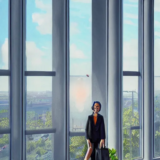 Prompt: huge flower as head, woman in suit standing by tall modern windows, luxury apartment, surreal photography, sunlight, impressionist painting, digital painting, artstation, simon stalenhag