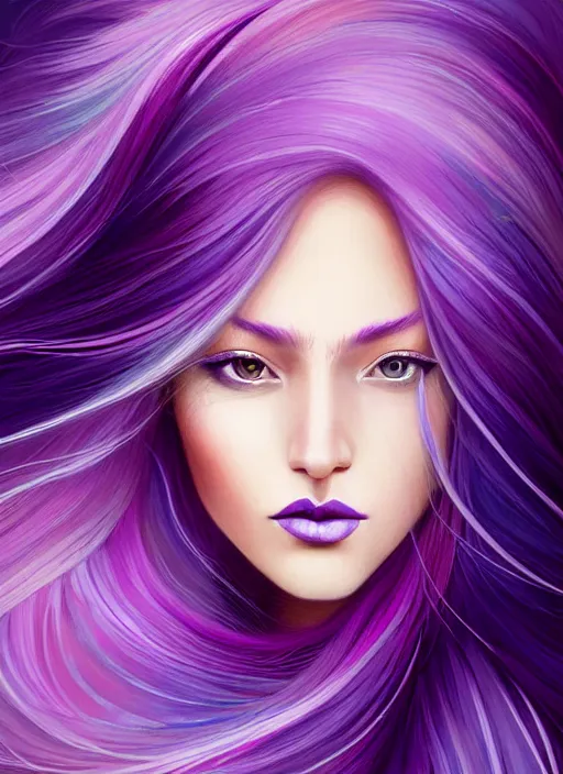 Prompt: Portrait of a woman with bright colored flying hair, all shades of purple. Hair coloring, beautiful lips and makeup. Hair fluttering in the wind, amber eyes, face, long hair, fantasy, intricate, elegant, highly detailed, digital painting, artstation, concept art, smooth, sharp focus, illustration, art by artgerm and greg rutkowski and alphonse mucha