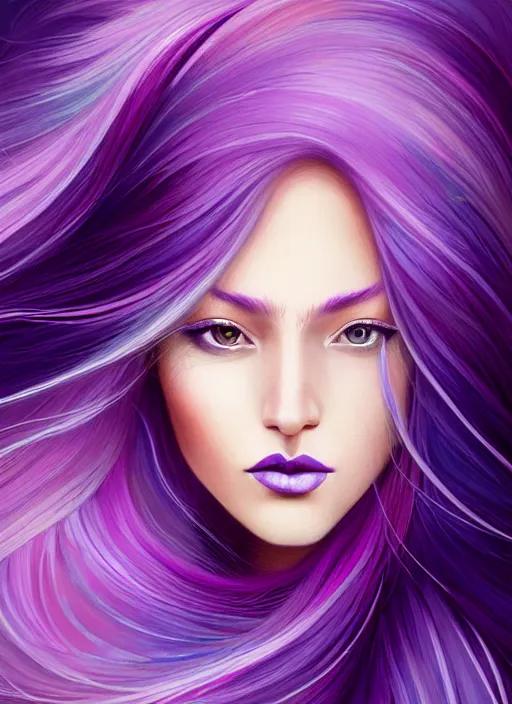 Image similar to Portrait of a woman with bright colored flying hair, all shades of purple. Hair coloring, beautiful lips and makeup. Hair fluttering in the wind, amber eyes, face, long hair, fantasy, intricate, elegant, highly detailed, digital painting, artstation, concept art, smooth, sharp focus, illustration, art by artgerm and greg rutkowski and alphonse mucha